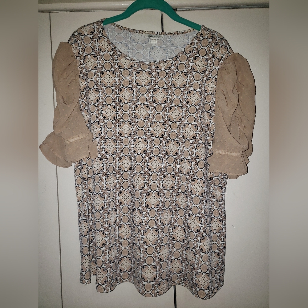 Cato (NWOT) Navy/Brown Medallion Printed Ruched Sleeve Top Size 14W/16W
